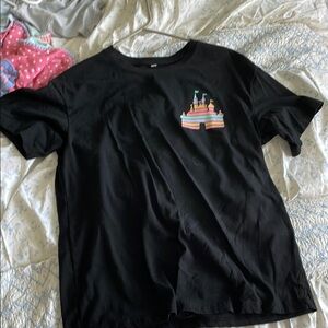 Black Short Sleeve Tee with Colorful Castle Design